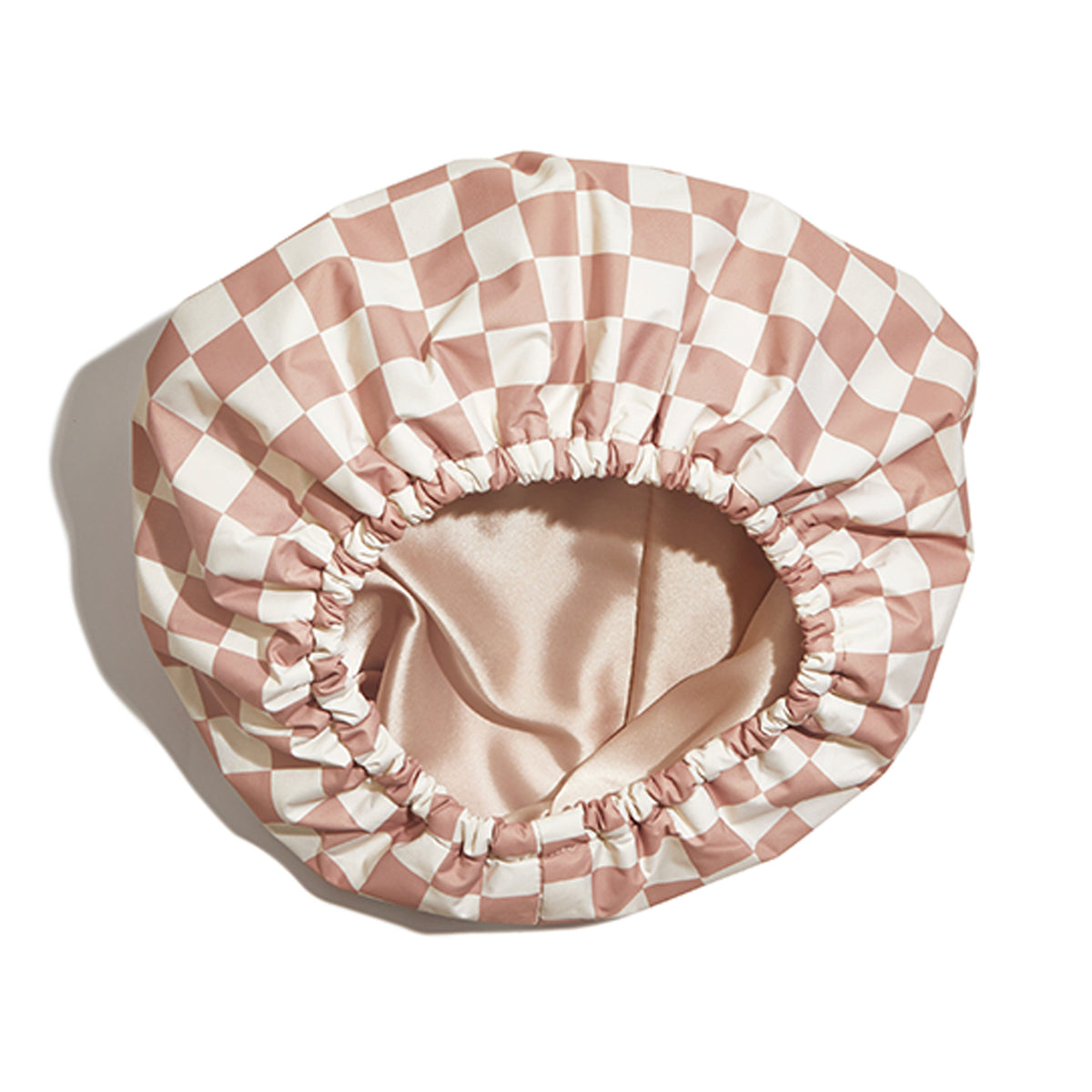 Khaki Checkerboard Shower Cap with Satin Lining