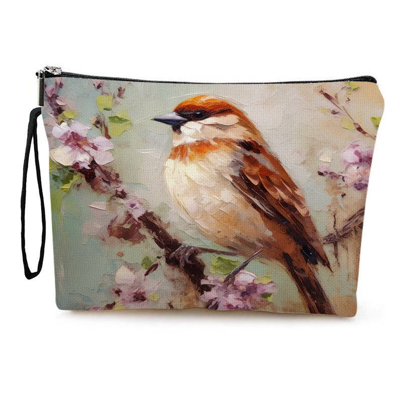 Bird-and-Floral Print Wristlet Pouch